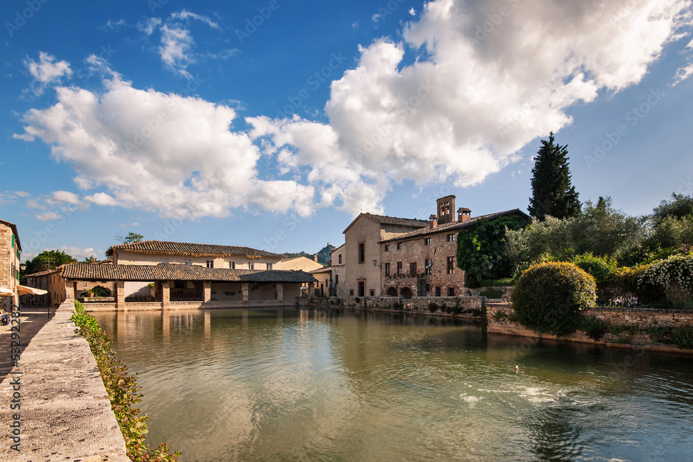 Old thermal baths in the medieval village Bagno Vignoni in Tusca