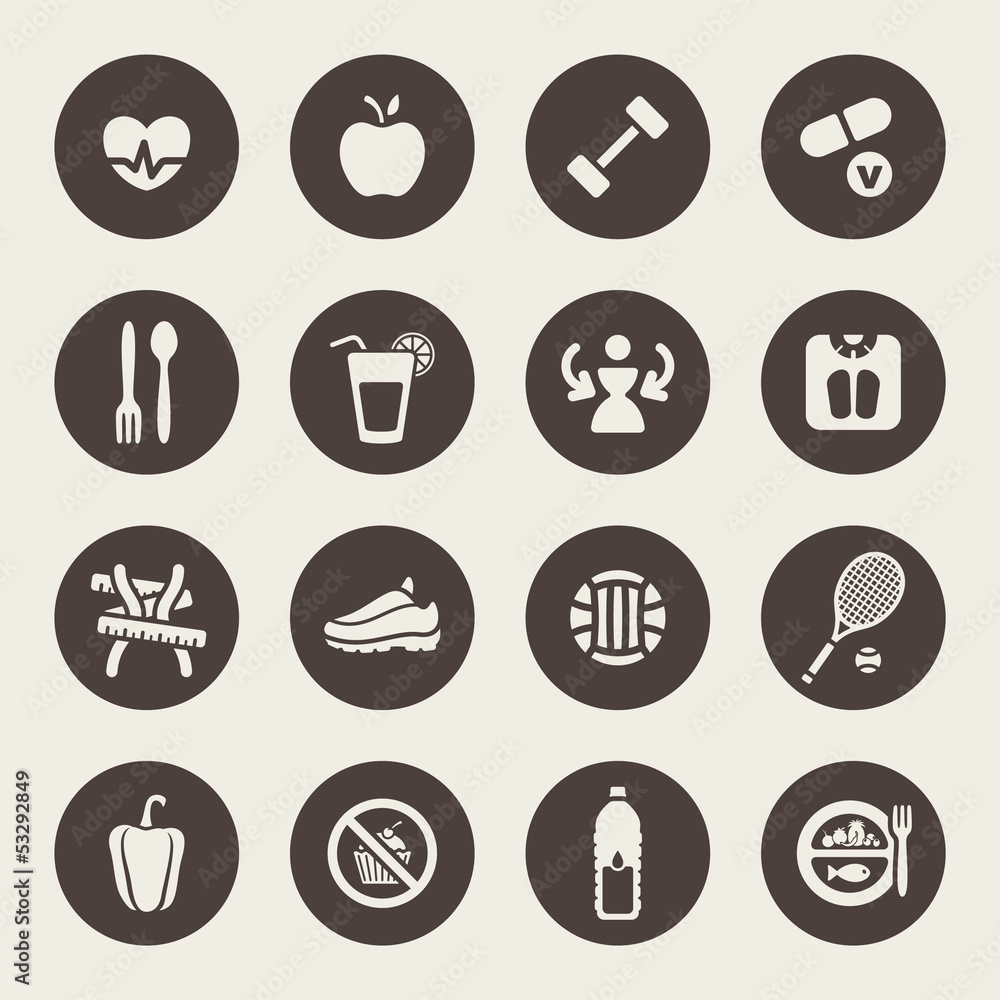 Diet and fitness theme icons set