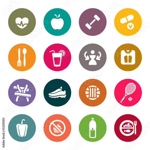 Diet and fitness theme icons set