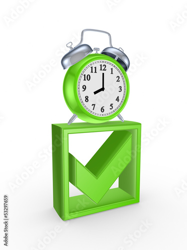 Green watch and symbol of tick mark.