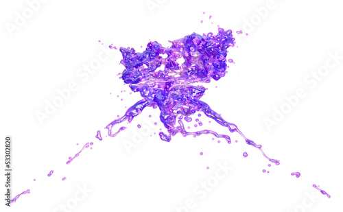 purple water splashes collide, isolated on white