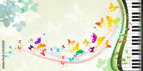 Springtime background with butterflies and piano keys