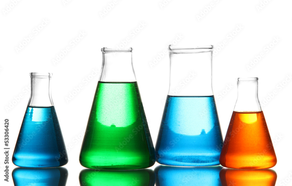 Test tubes with colorful liquids isolated on white Test tubes with colorful liquids isolated on white