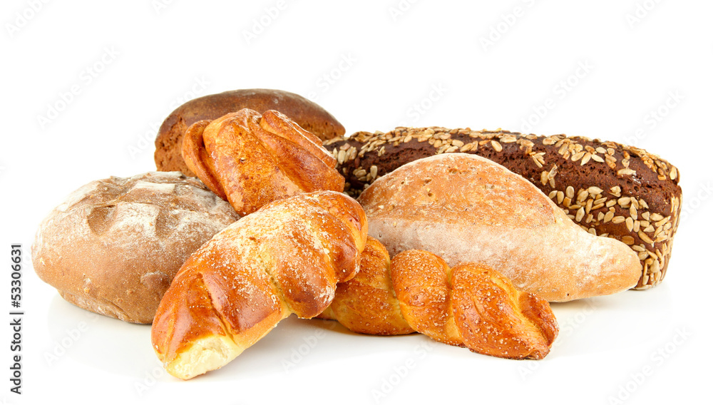 Composition with bread and rolls, isolated on white