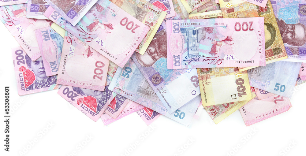 Pile of Ukrainian money, isolated on white Pile of Ukrainian money, isolated on white