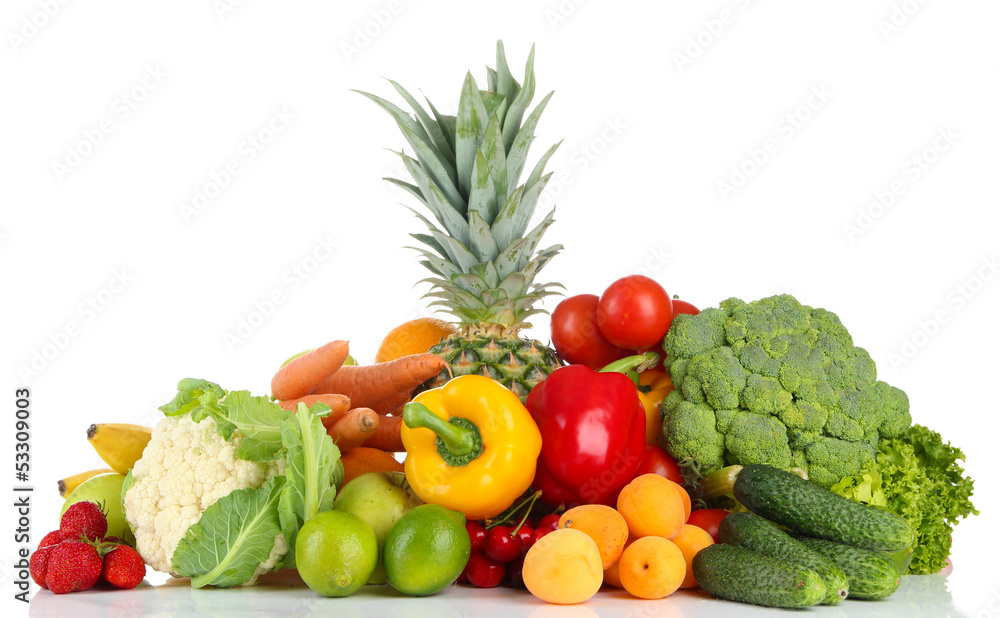 Assortment of fresh fruits and vegetables, isolated on white Assortment of fresh fruits and vegetables, isolated on white