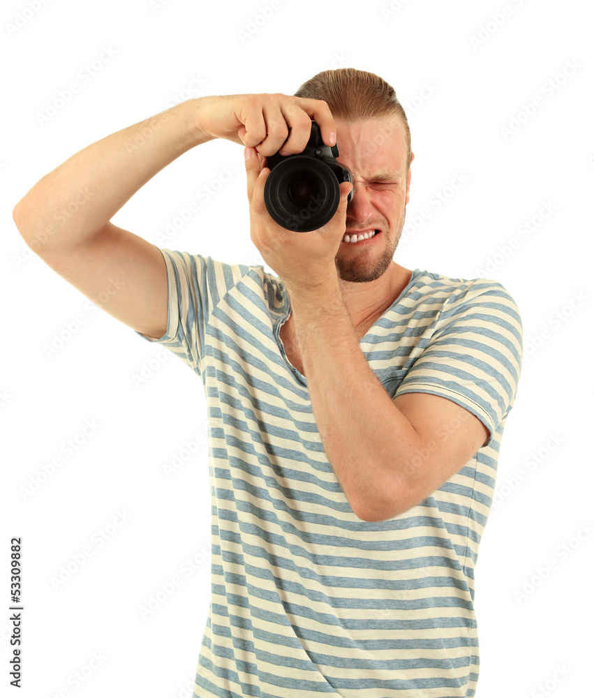 Handsome photographer with camera, isolated on white Handsome photographer with camera, isolated on white