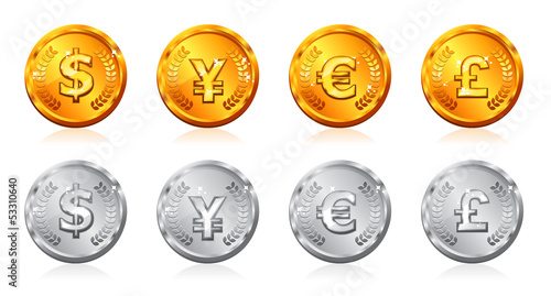 Gold & silver coins with many currency in vector