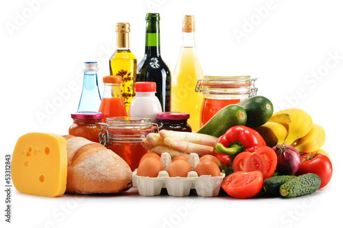 Composition with variety of grocery products isolated on white