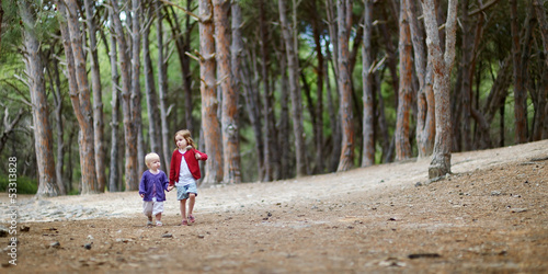 Two sisters having a walk in the woods