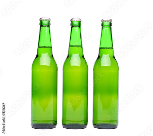 Three green beer bottle