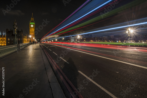 The Big Ben at night and light trails, London, UK
