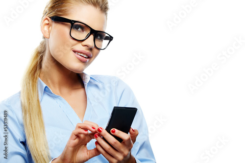 Portrait of smiling business woman phone talking, isolated on wh