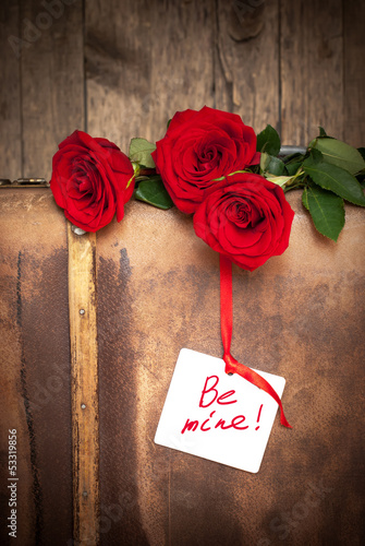 Three Red Roses on an old Suitcase with the Message