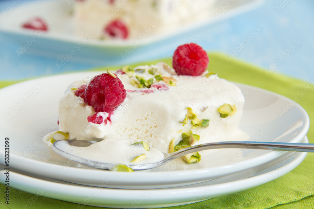 Yoghurt Semifreddo with raspberry and pistachio. Yoghurt Semifreddo with raspberry and pistachio.