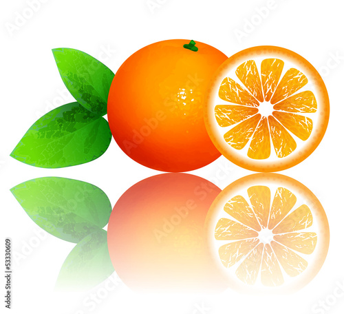 fresh ripe oranges with leaves
