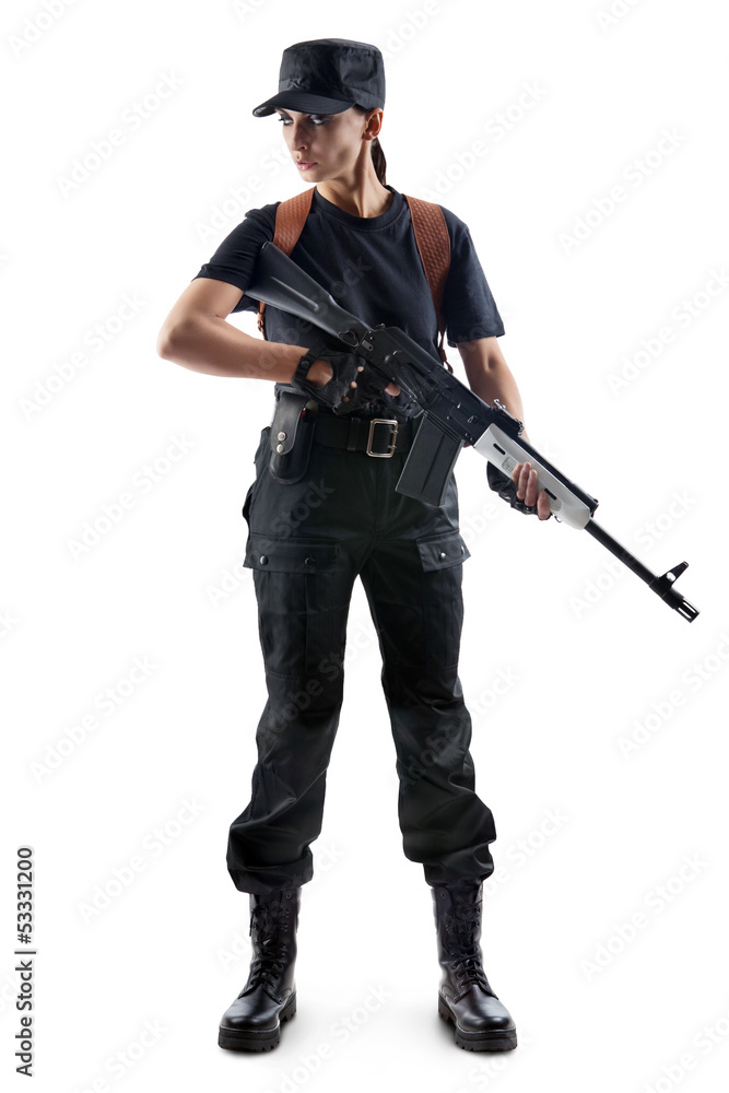Police officer is holding Kalashnikov