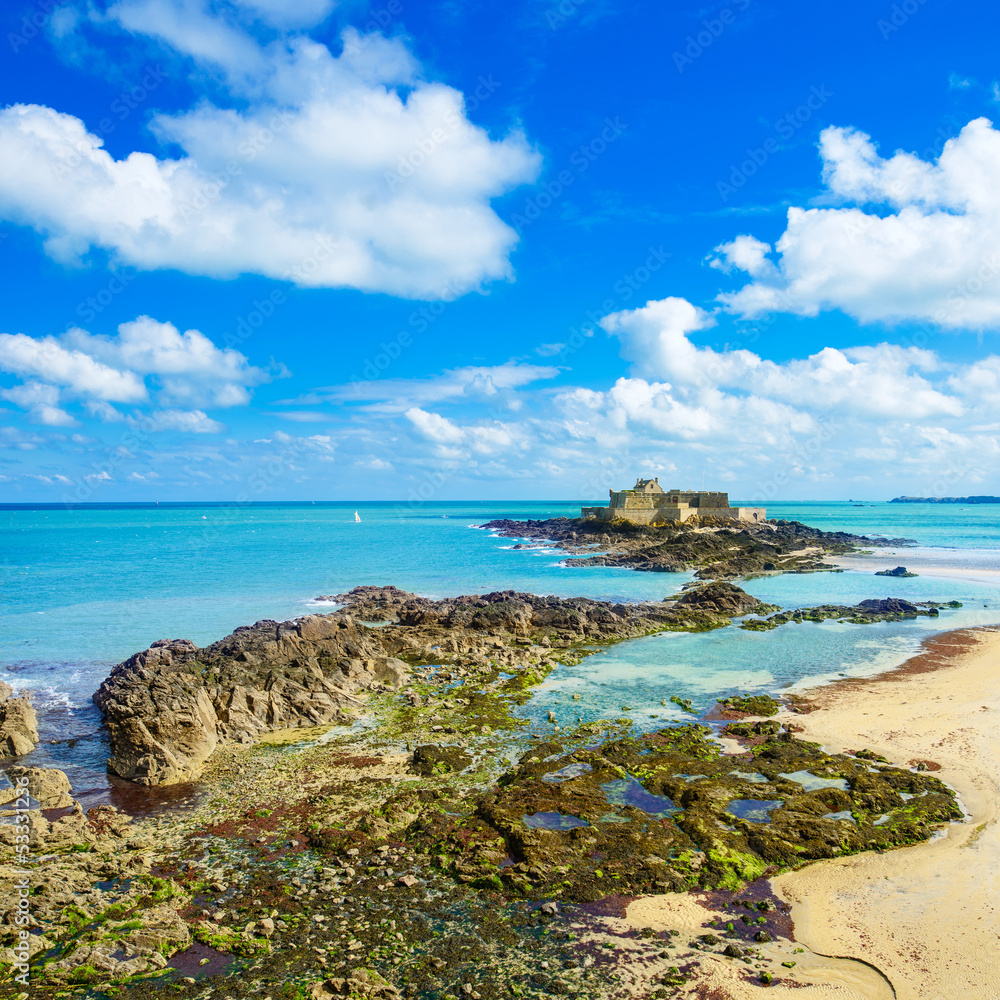 Saint Malo Fort National and rocks, low tide. Brittany, France.