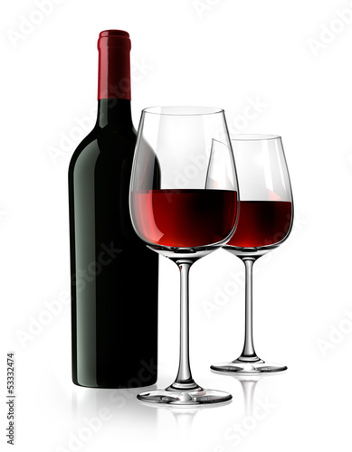 2 Rotweingläser und Rotweinflasche