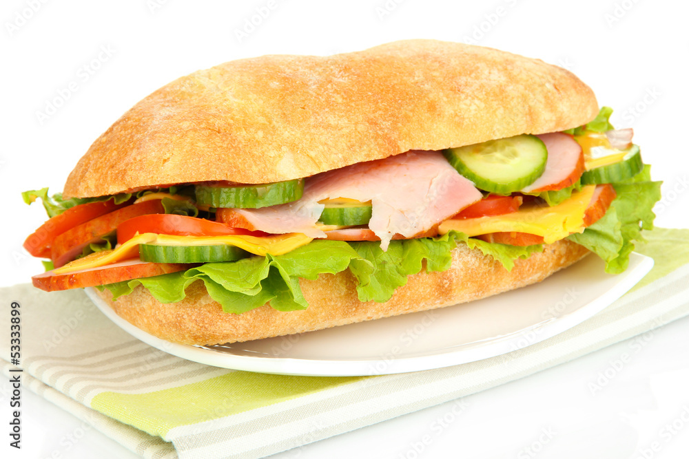 Fresh and tasty sandwich with ham and vegetables isolated Fresh and tasty sandwich with ham and vegetables isolated