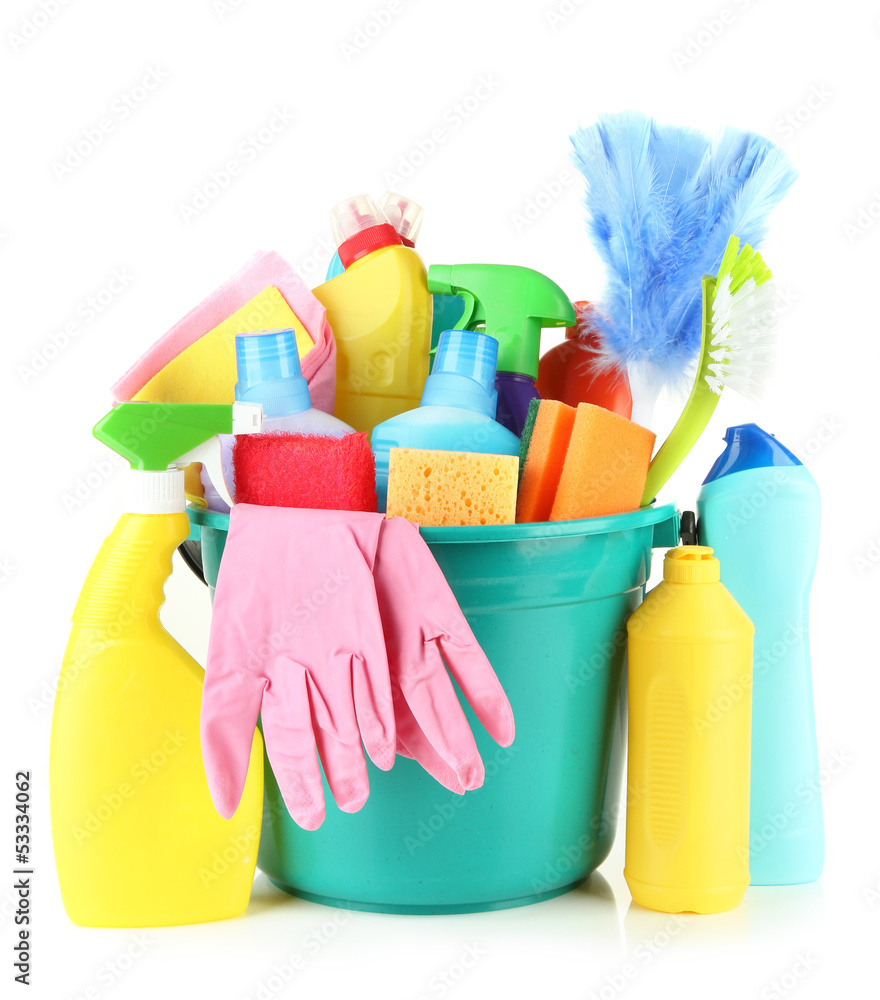Cleaning items in bucket isolated on white Cleaning items in bucket isolated on white