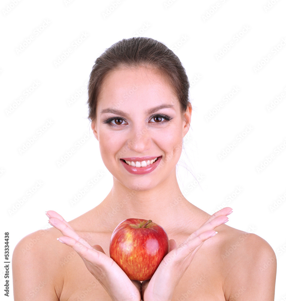 Smiling woman with apple isolated on white Smiling woman with apple isolated on white