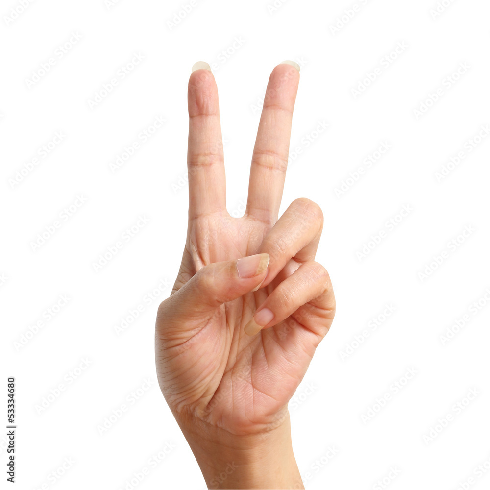 Two signal raise up, making by hand isolated over white backgrou Two signal raise up, making by hand isolated over white backgrou