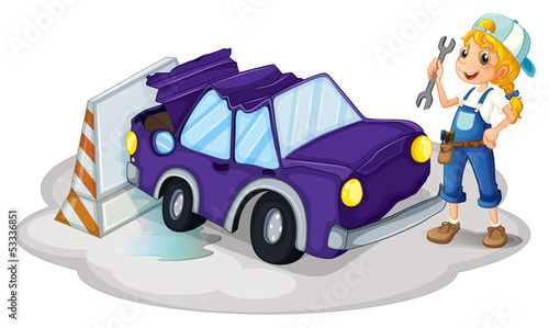 A woman fixing the violet car