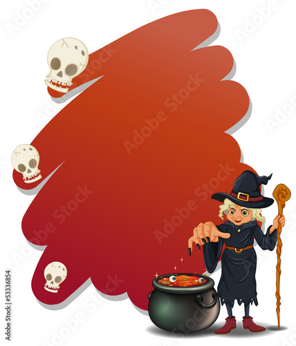 A witch with a magical pot and a cane