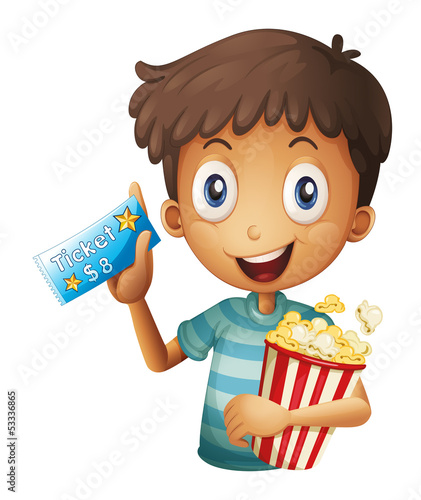 A boy holding a ticket and a popcorn