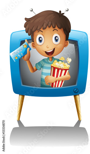 A boy inside the TV with a popcorn and a ticket