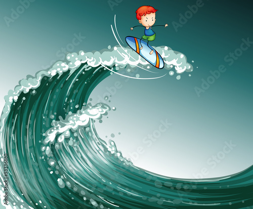 A boy surfing with big waves