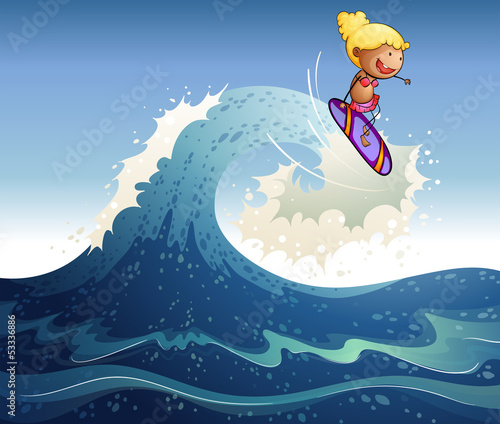 A girl surfing with big waves