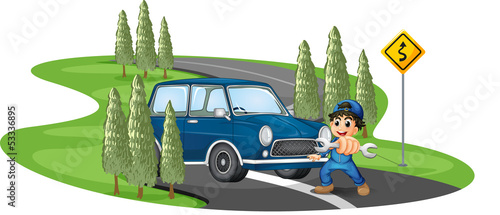 A curve road with a boy and a car