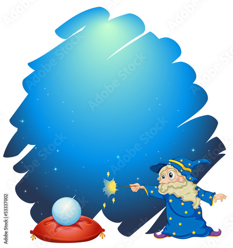 A wizard holding a wand with a crystal ball and a pillow