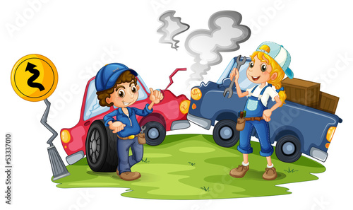 A male and a female mechanic fixing the damaged cars