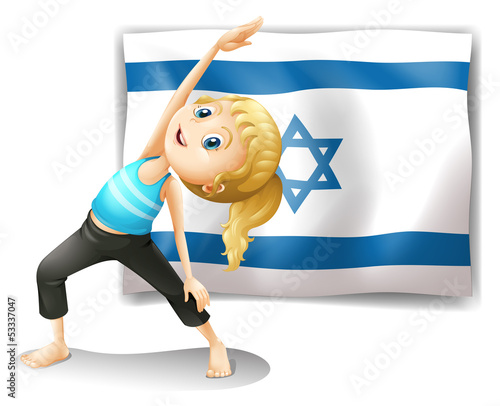 A girl performing yoga in front of the Israel flag