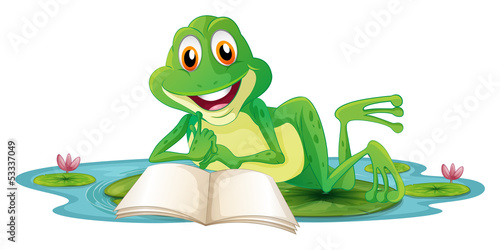 A frog lying while reading a book