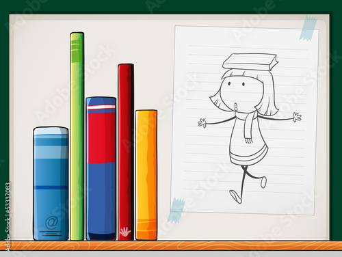 A paper with a drawing of a girl beside the books at the shelf