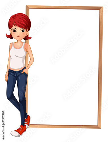 An empty board beside a tall lady