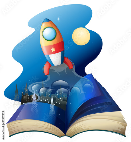 A book with a rocket