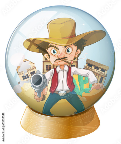 A cowboy holding a gun inside the crystal ball