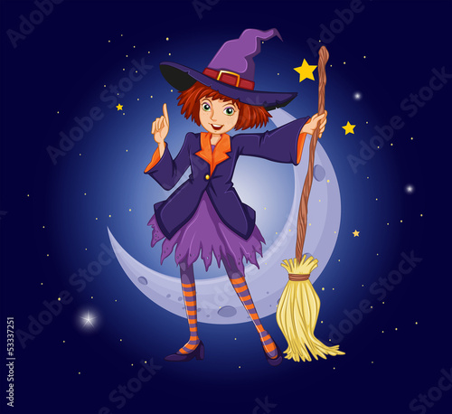A witch holding a broom with a moon and stars at the back