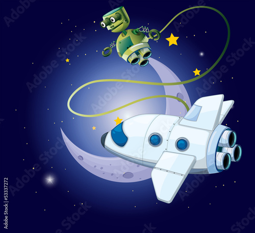 An airship and a robot in the outerspace