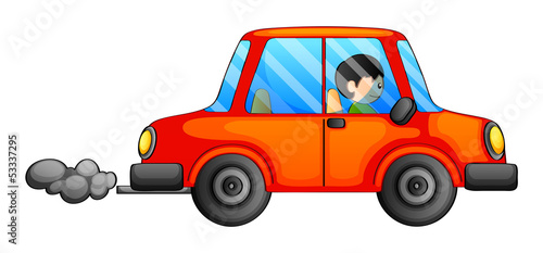 An orange car emitting a dark smoke