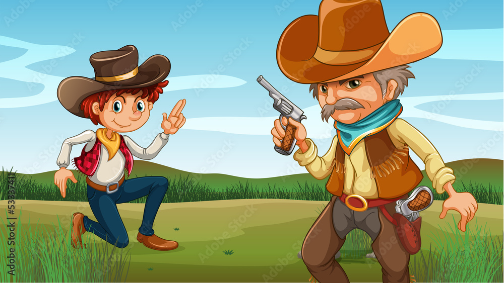 A young and an old cowboy at the hill A young and an old cowboy at the hill