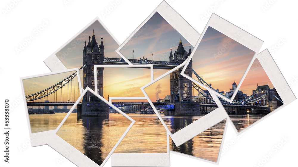 Obraz premium tower bridge at sunrise polaroid collage