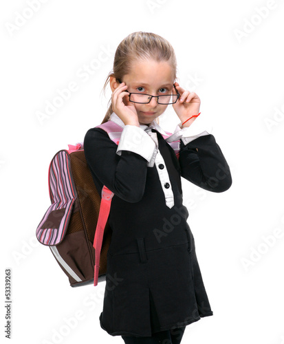 Portrait of  blond girl in glassesl with school bag photo