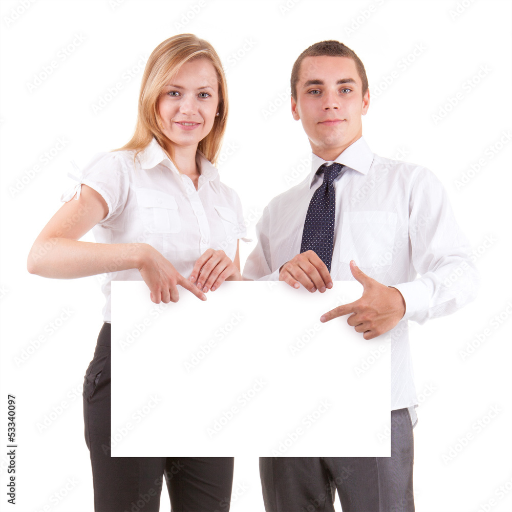 business couple with advert board business couple with advert board