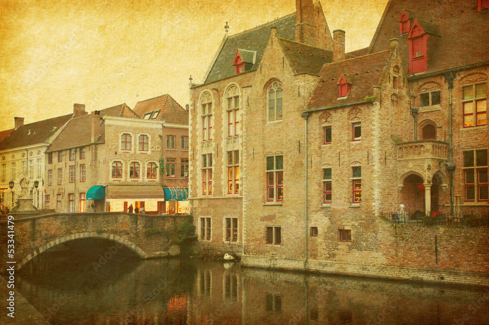 Bruges historic centre, Belgium. Paper texture.